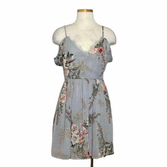 Lulu's Verona Off-the-Shoulder Lace‎ Dress Light Blue Floral Print Womens… - Picture 4 of 13